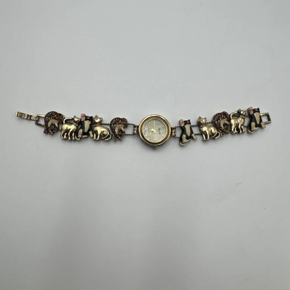 VTG Jennie B Enamel Cats Gold Tone Slide Charm Bracelet Wrist Watch Not Tested